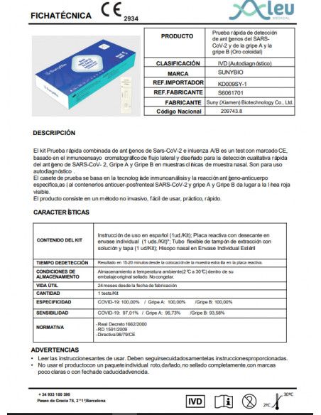 Test Nasal Antígenos del Covid y de la gripe A y B