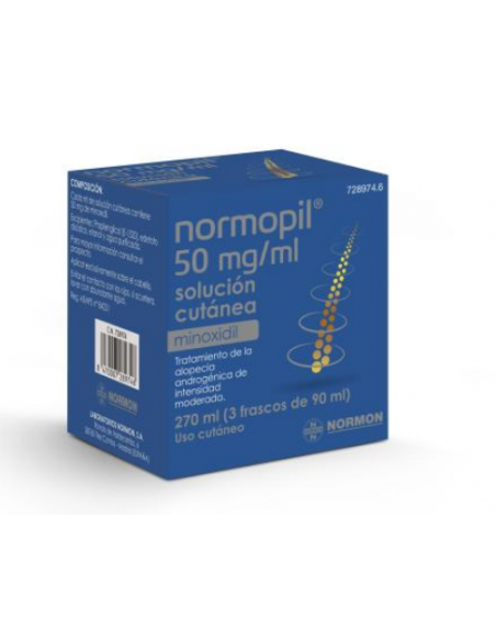 Normopil Minoxidil 50 mg/ml Solución Cutánea 270 ml (3 frascos de 90 ml)
